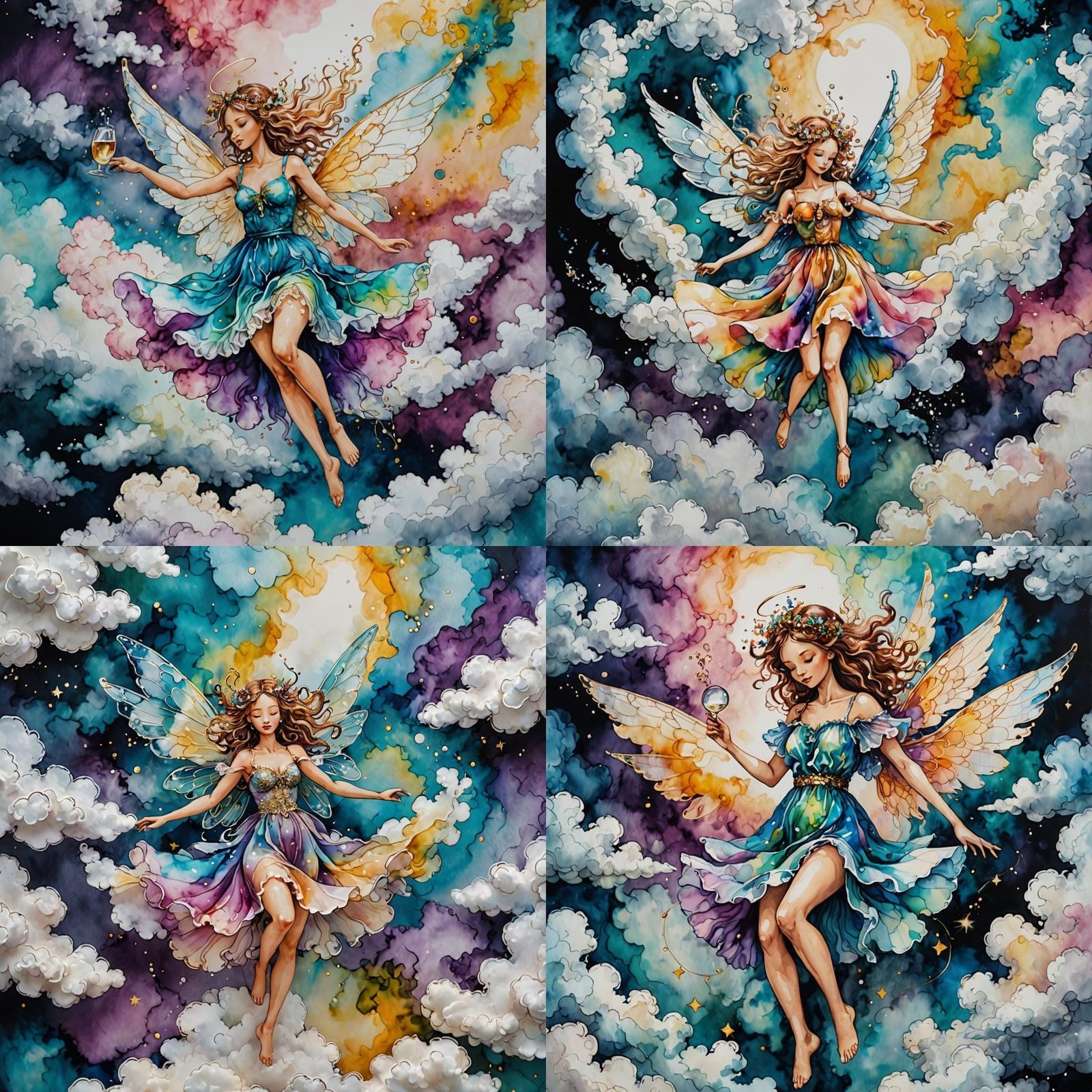 Alcohol Ink Fairy Angel Dancing on Clouds