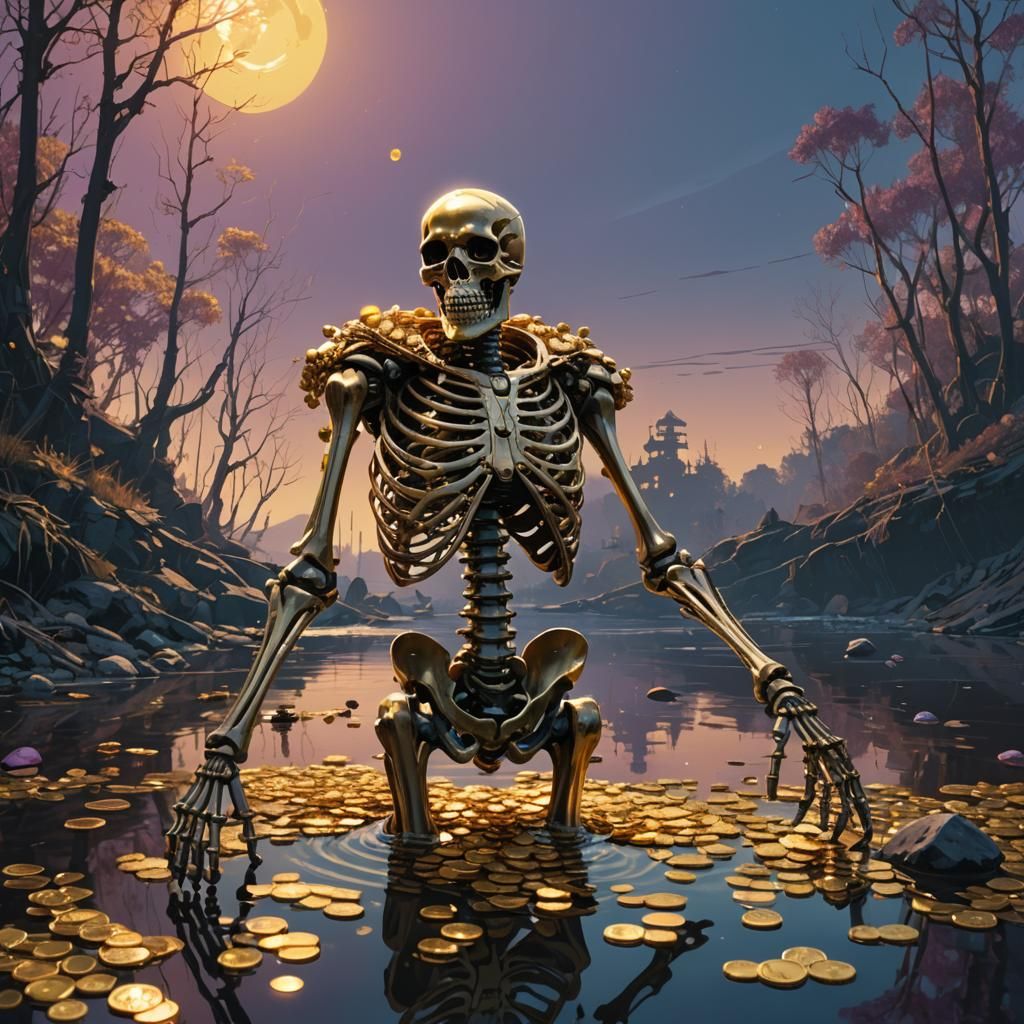 Skeleton in Golden River: Fantasy Concept Art