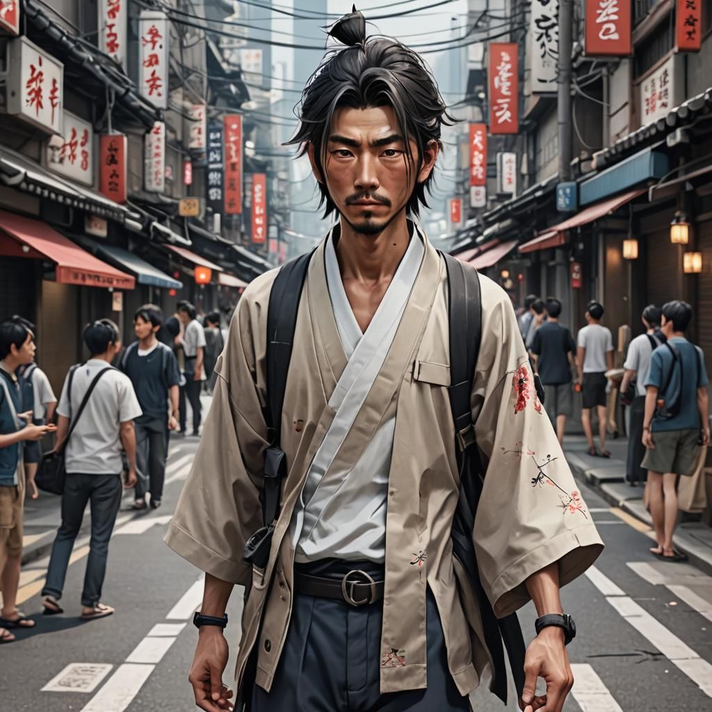 Japanese Man in Street: 3D Anime Art