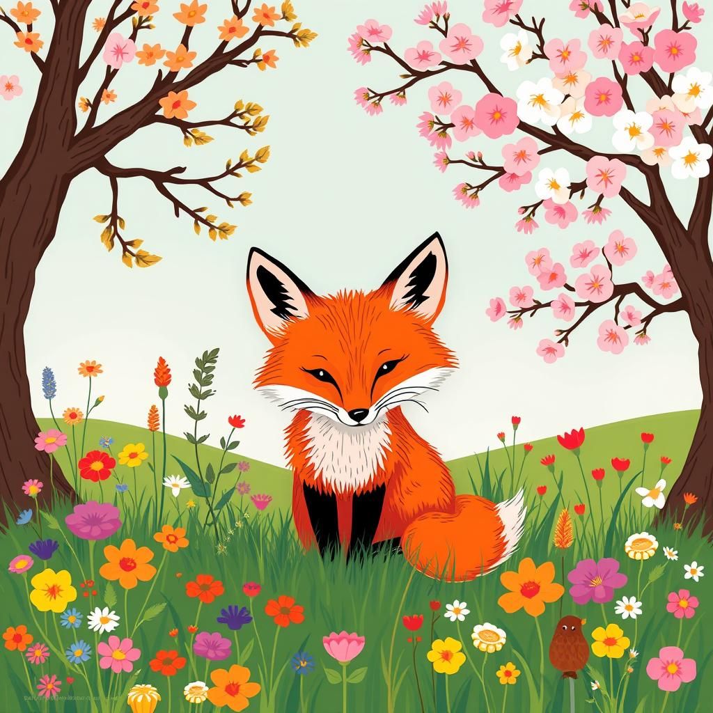 Whimsical Fox in Cherry Blossom Meadow