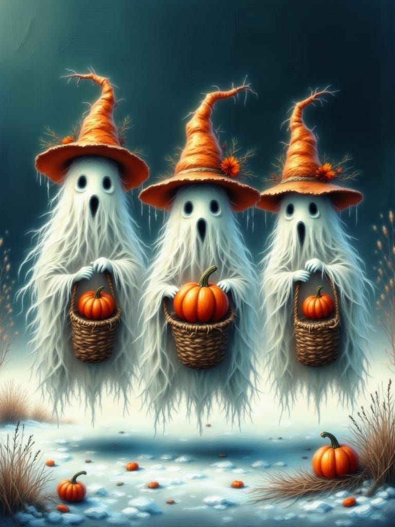 Cartoon Ghosts in Icy Landscape with Pumpkin Baskets