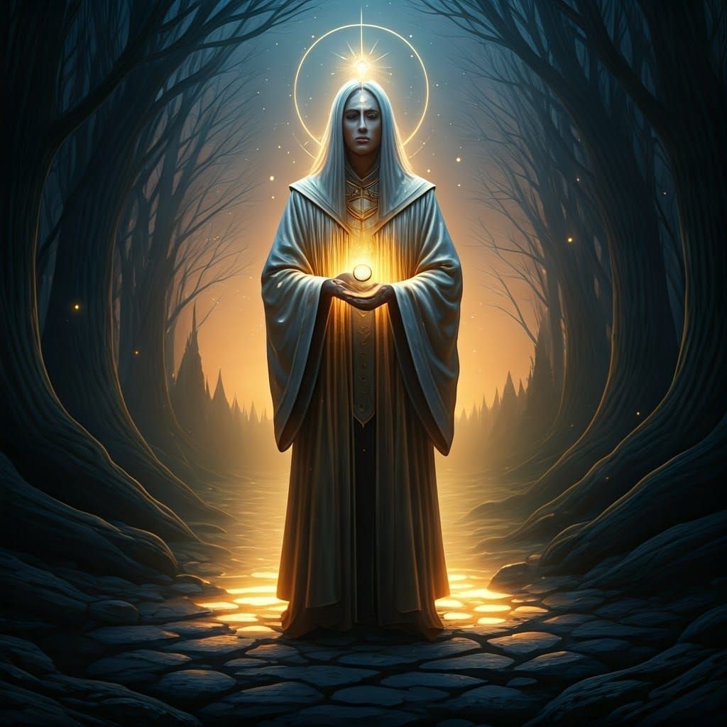 Androgynous Figure at Crossroads in Ethereal Landscape