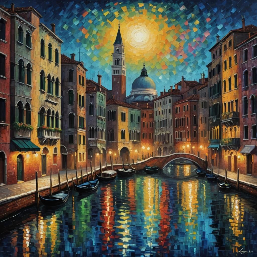 Venice Cityscape at Night in Neo-Impressionist Style