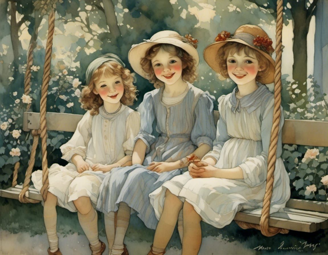 Siblings Laughing on Porch Swing, Dreamy Art