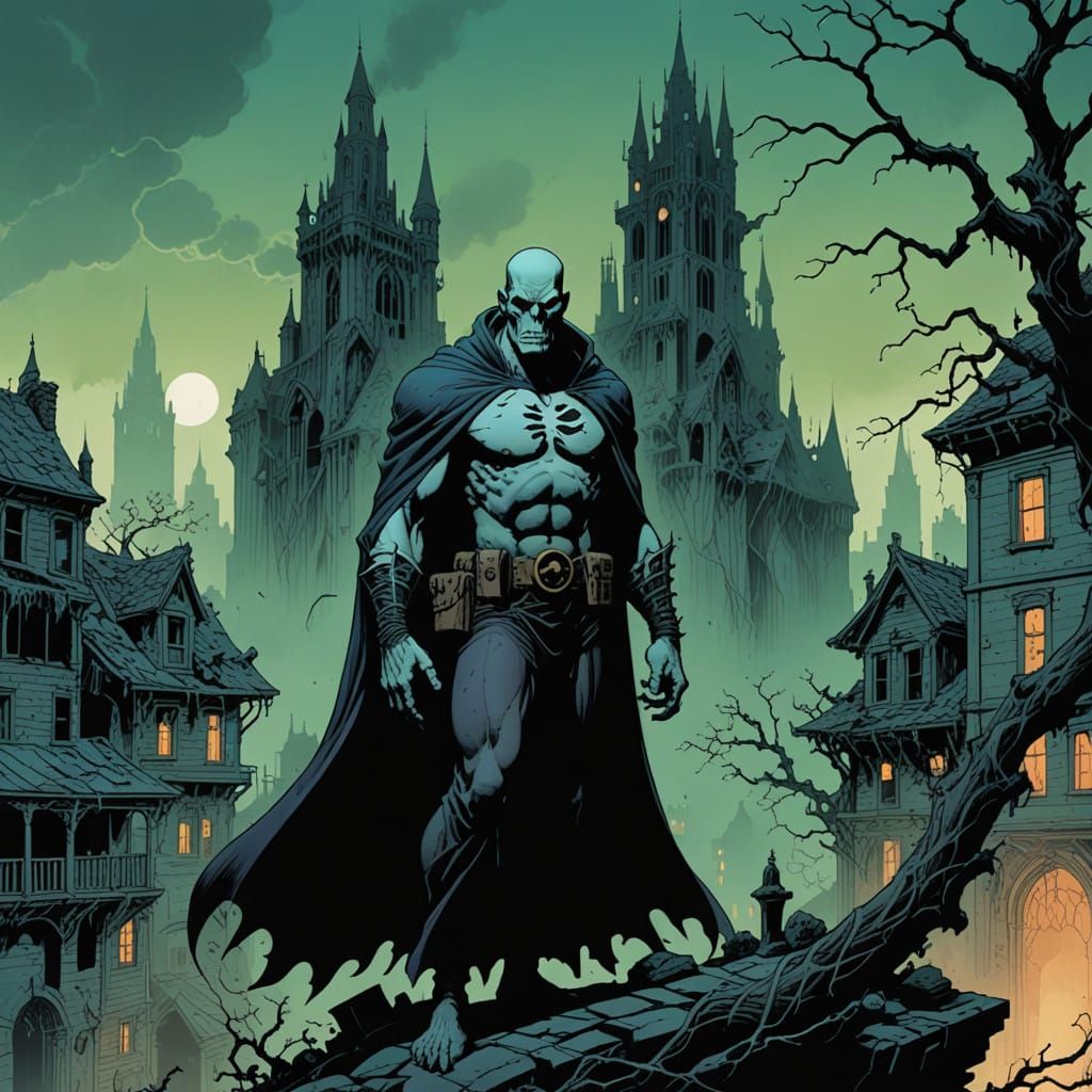 Ghostly Figure in Gothic Cityscape Comic Art