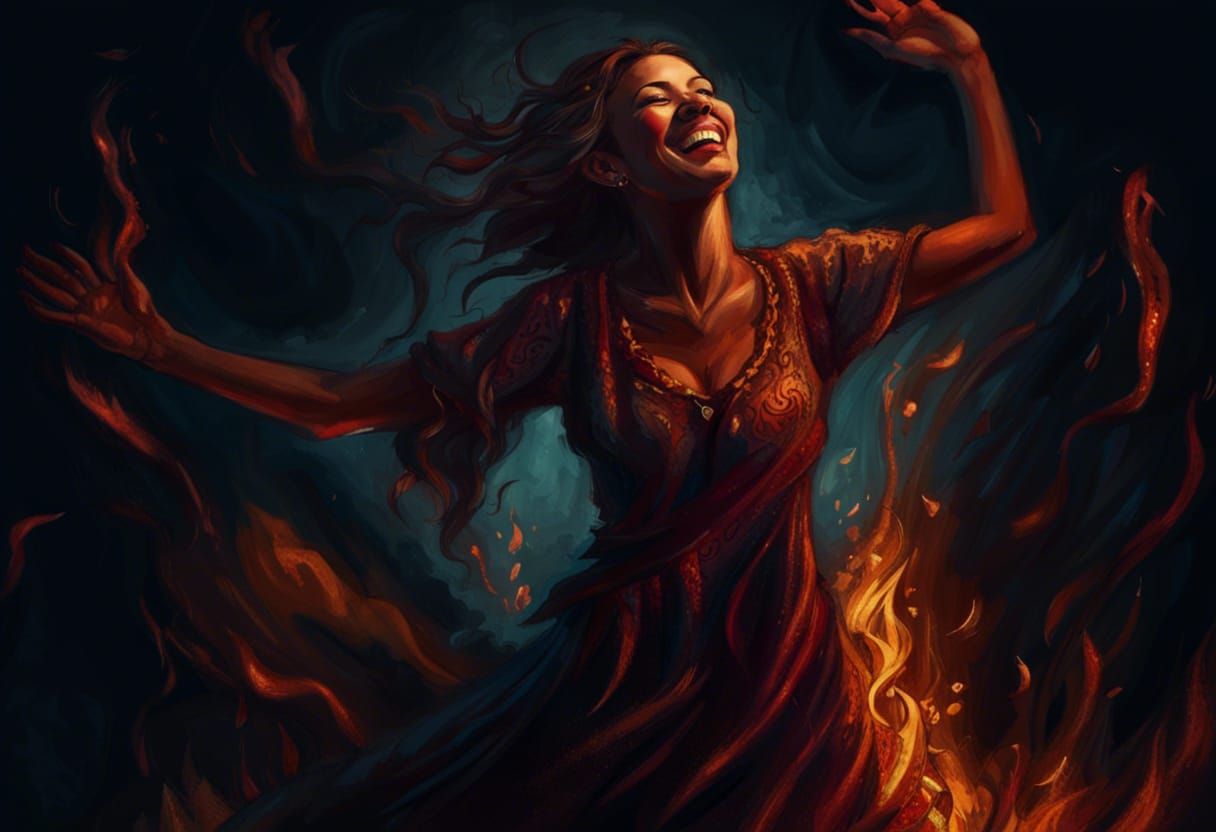 Woman in Fire Dress Dancing with Demons