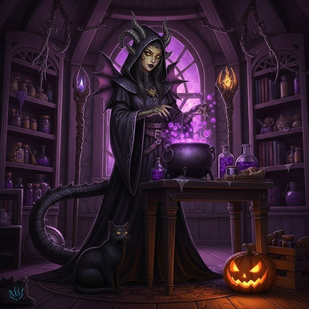 Young Witch With Dragon Horns Brews Potion