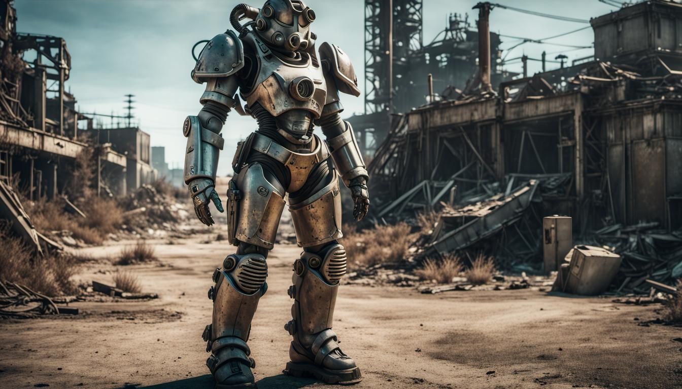 Futuristic Female Power Armor in Wasteland Setting
