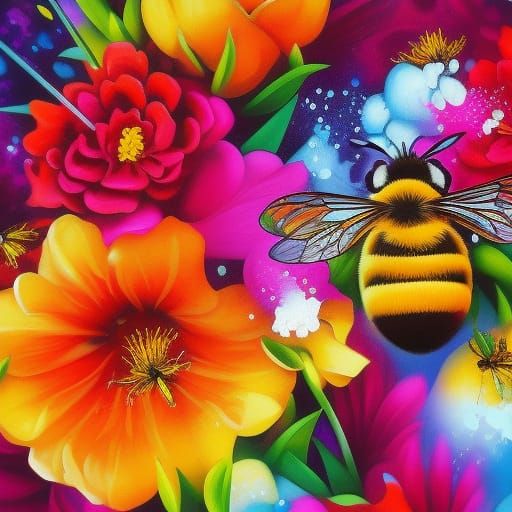 Bee and Flowers in Graffiti Splash Art