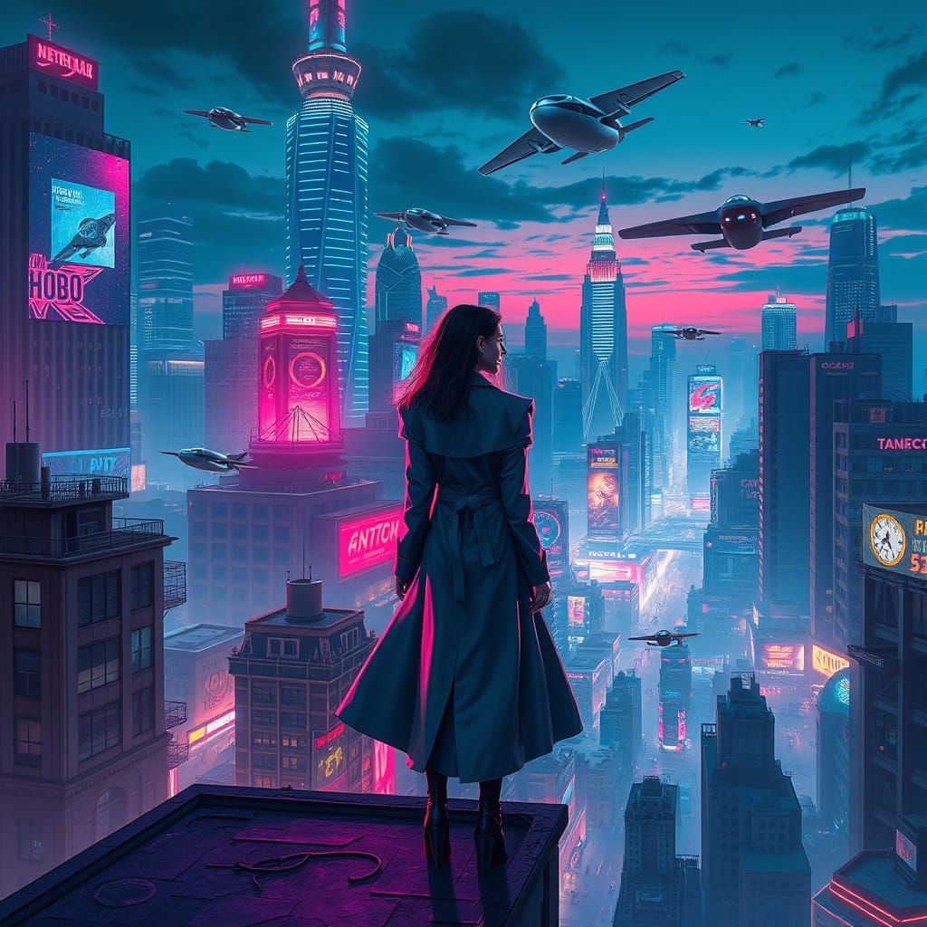 Cyberpunk Cityscape at Dusk with Mysterious Woman