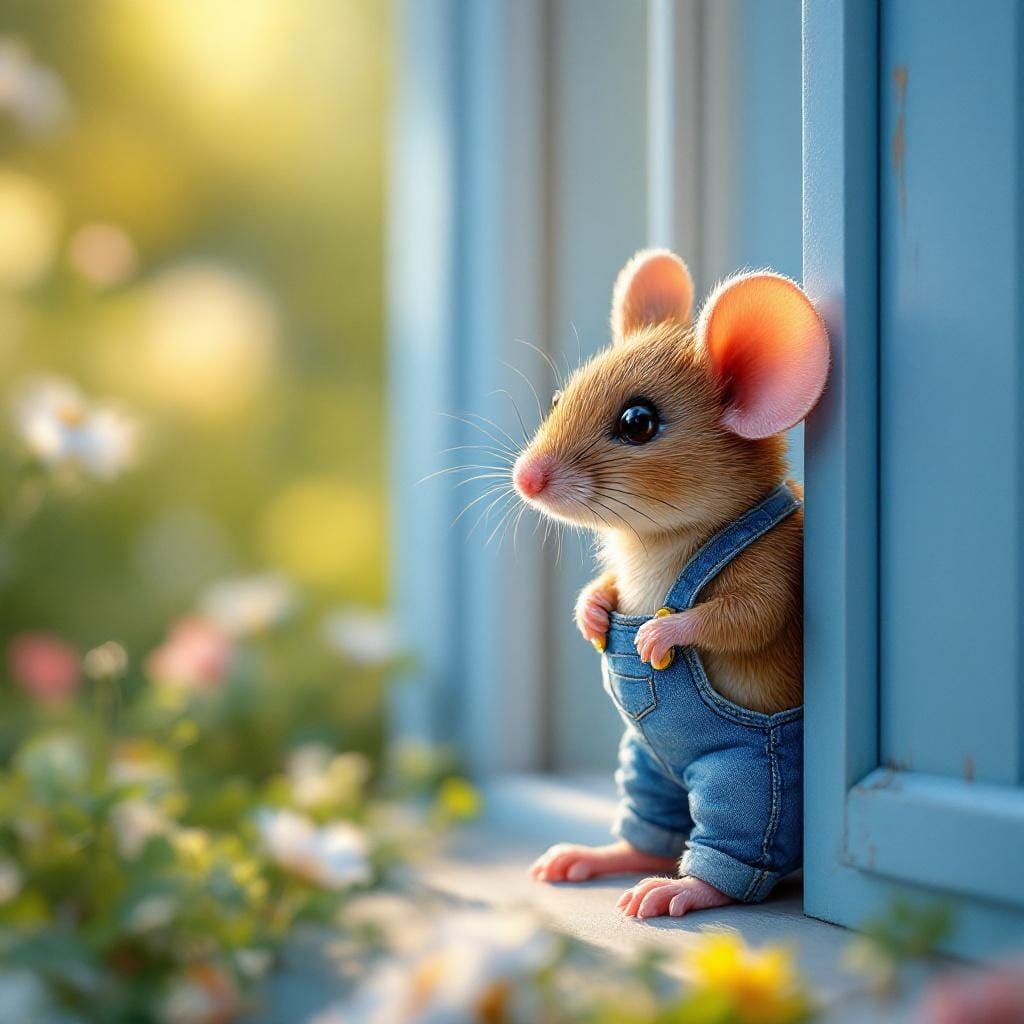 Rainbow Bead Mouse Peeks From Blue Window