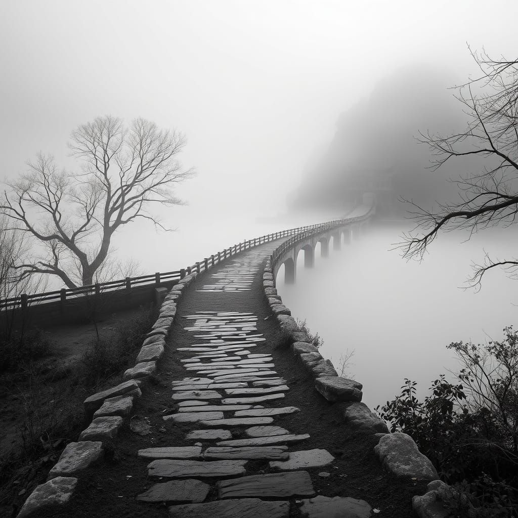 Serene Black and White Landscapes of Ancient Bridge and Path...