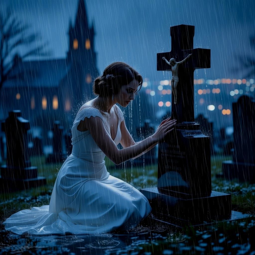 Woman Weeping at Grave in Cinematic 1930s Style