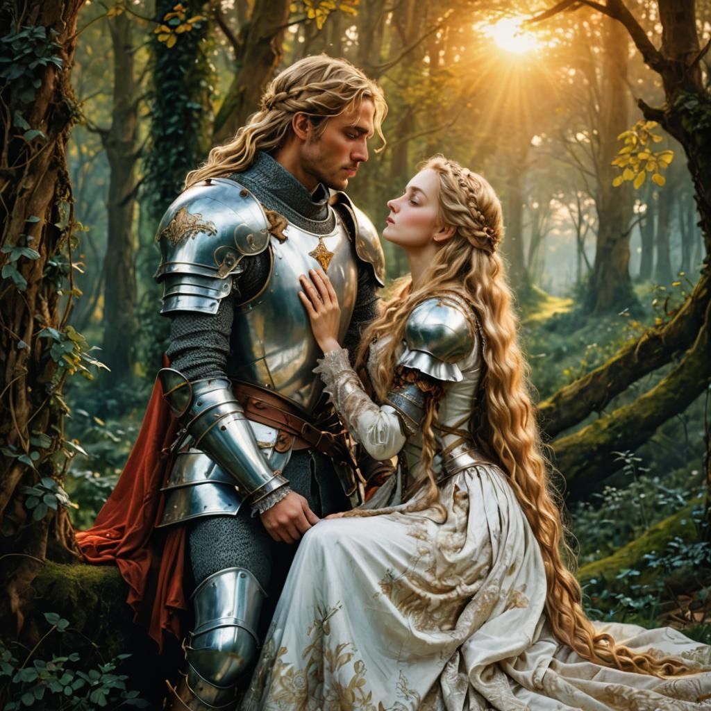 Fairytale Princess Kissed by Knight, Arthur Rackham Style