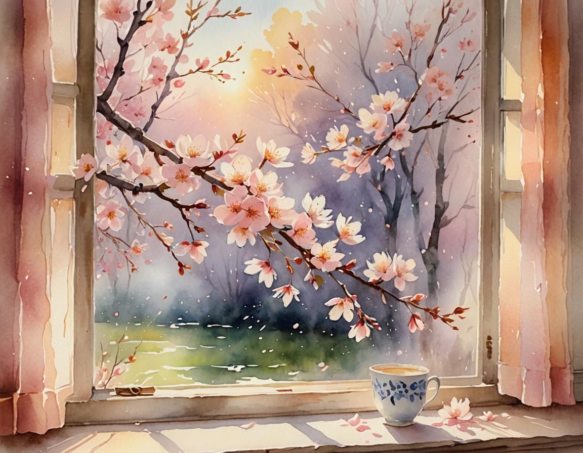 Cherry Blossoms in Watercolor Impressionist Style