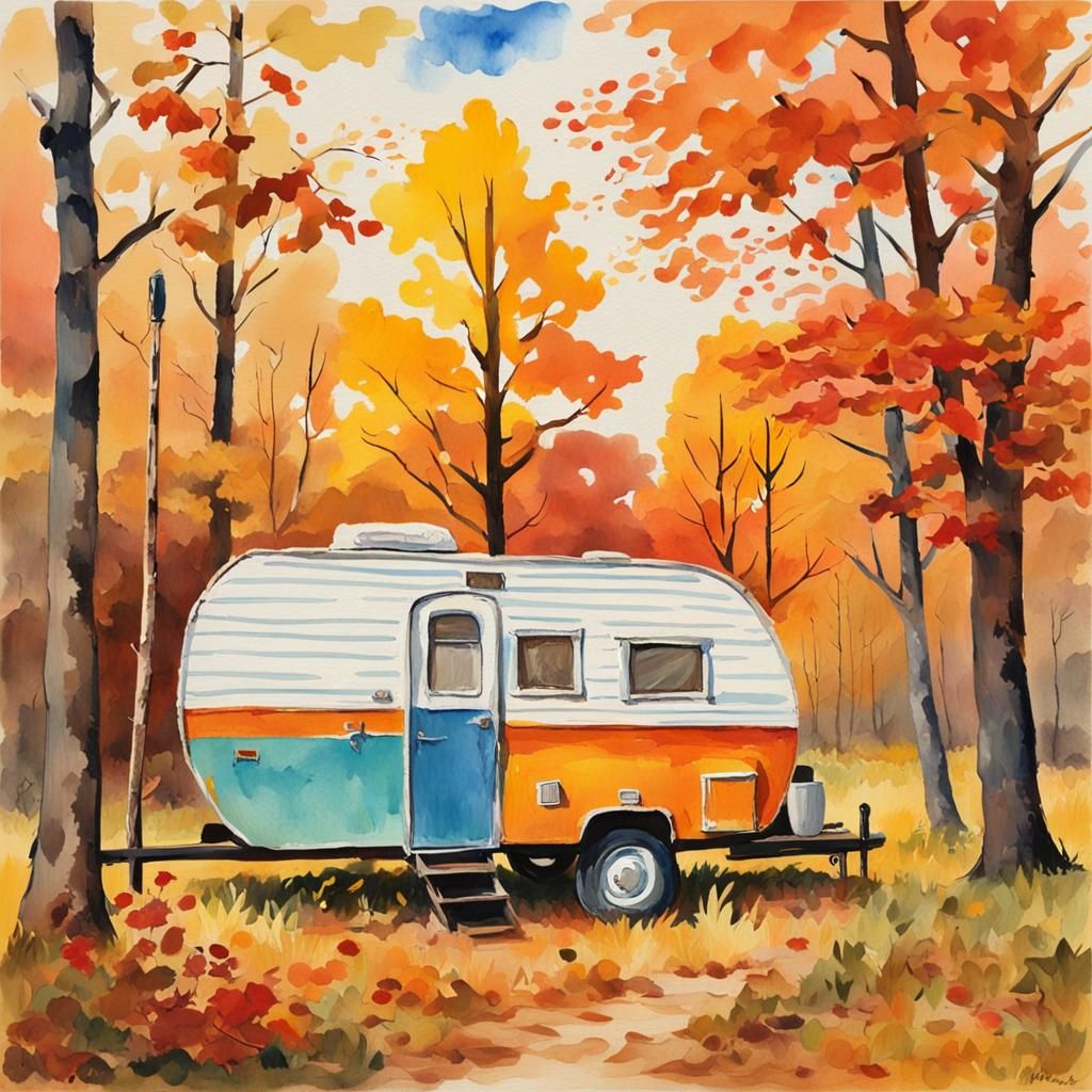 Vintage Camper in Fall: Gouache Impressionist Masterpiece