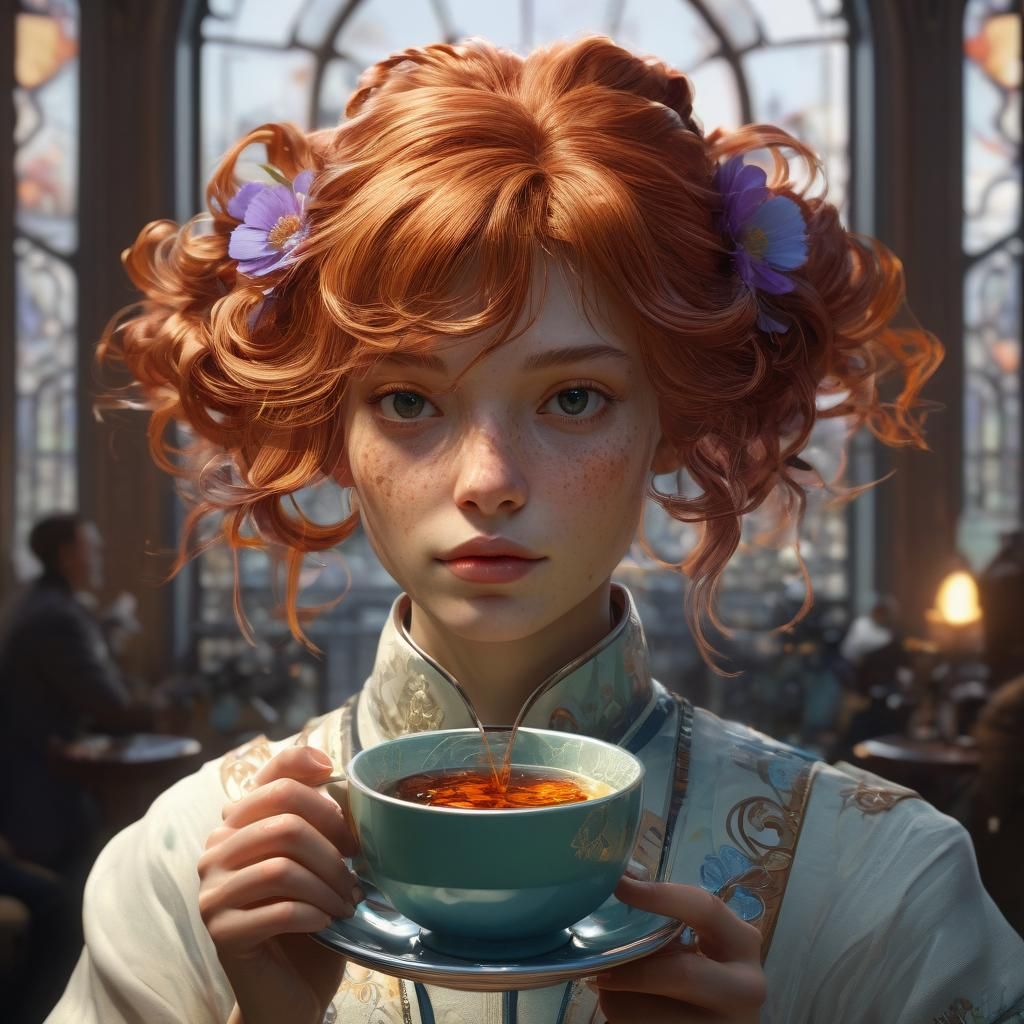 Hyperdetailed Portrait Enjoying Tea, Dynamic Lighting