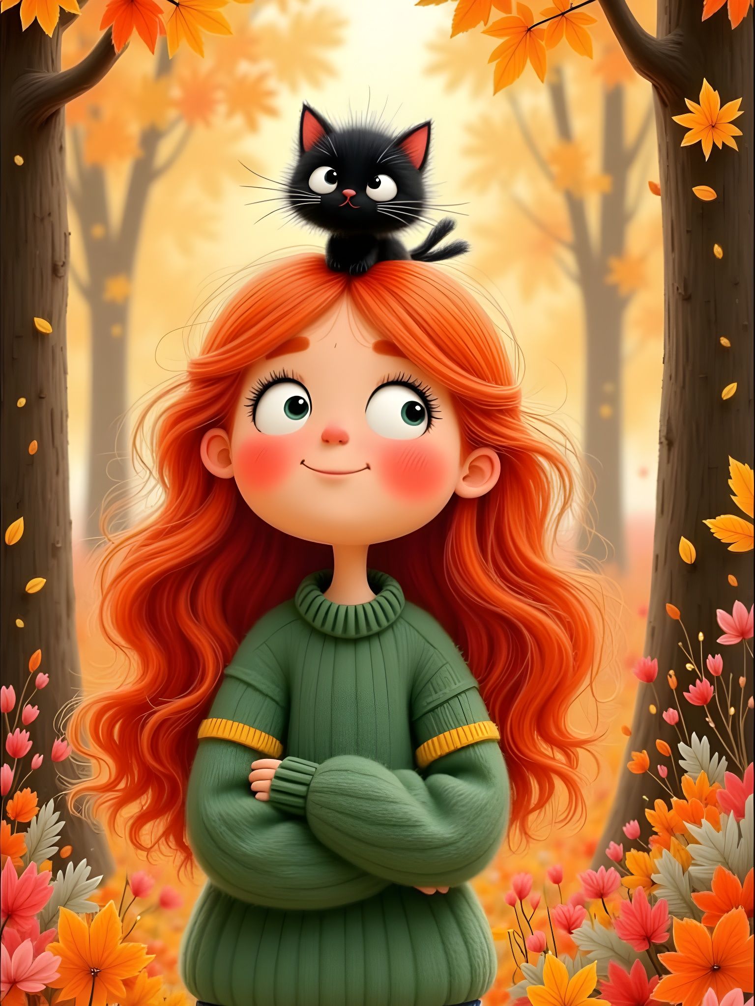 Cozy Autumn Forest Scene With Girl And Kitten