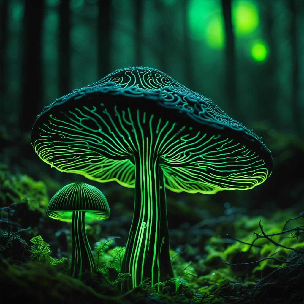 Neon Bioluminescent Fibonacci Mushrooms in Misty Forest