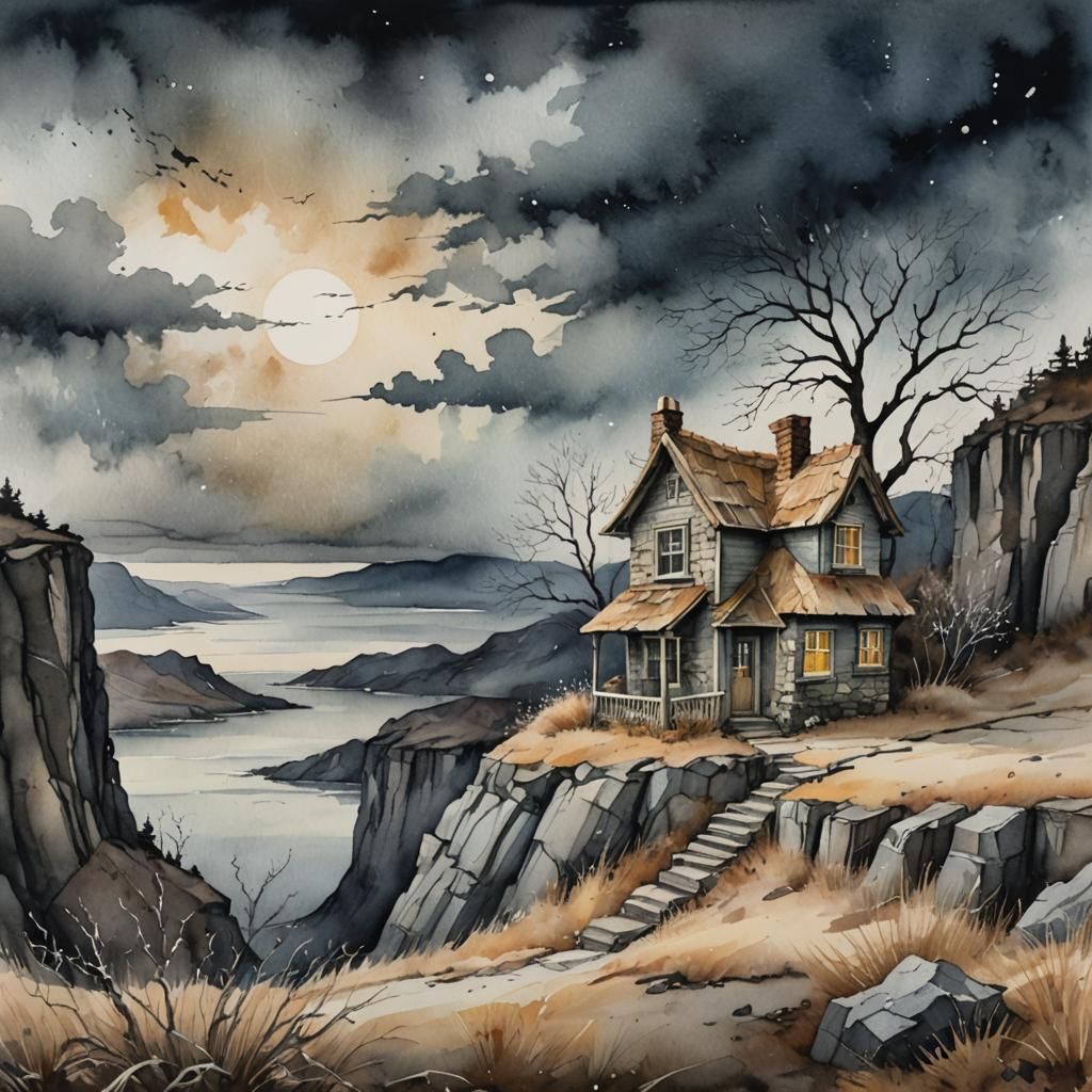 Whimsical Watercolor Cottage on a Cliff Edge