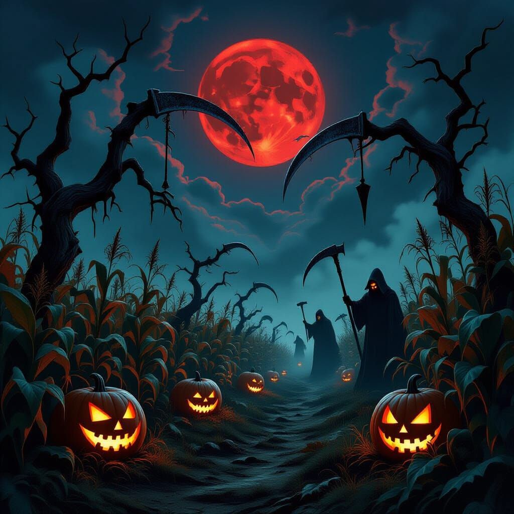 Nightmare Harvest Festival Scene with Shadowy Figures