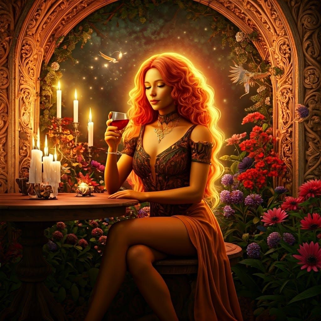 Sunset Woman Sipping Wine in a Floral Dreamscape