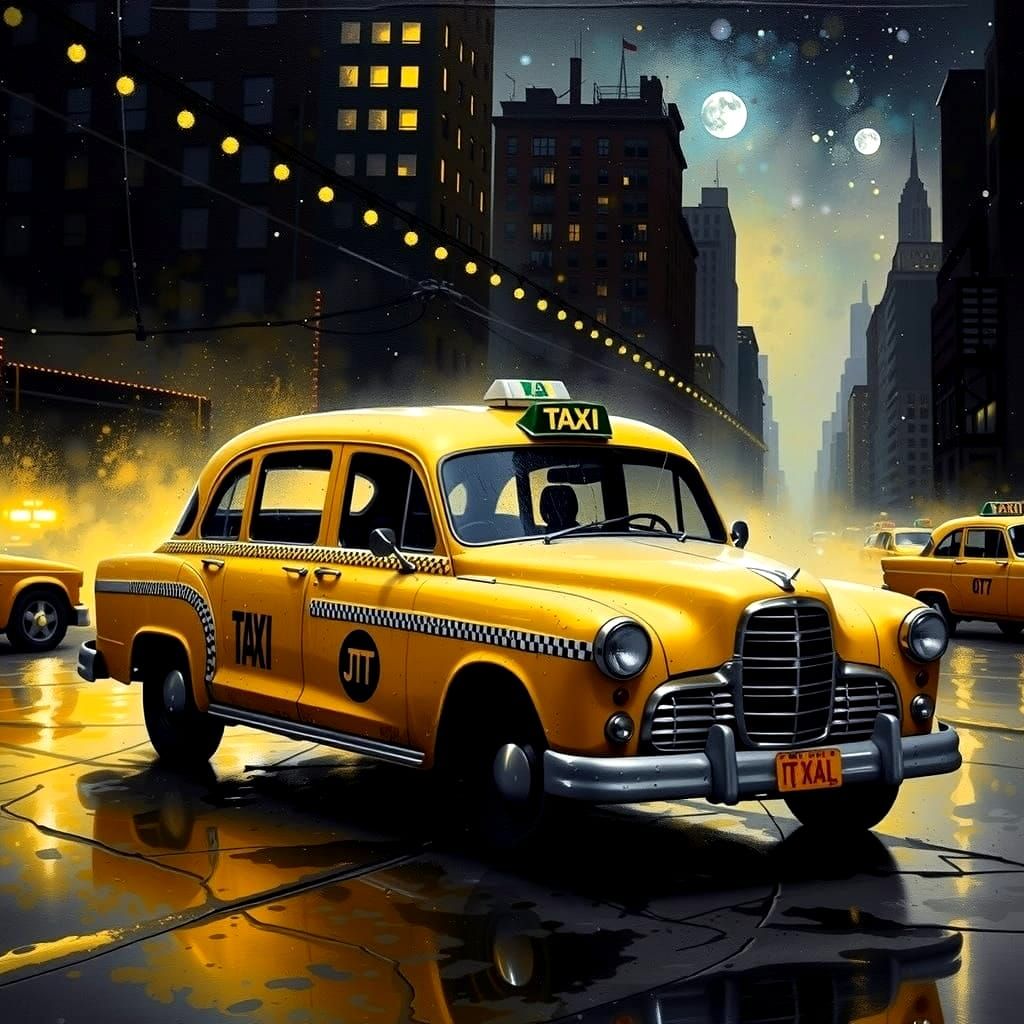 Classic New York City Taxi Cab at Night in a Vibrant Citysca...