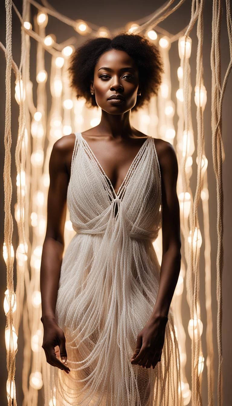 Elegant Black Woman in White String Dress