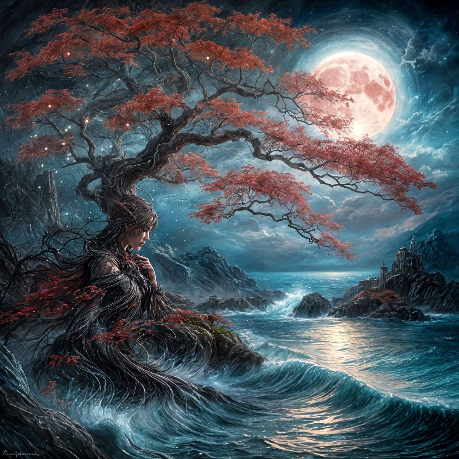 Red Maple and Moon in Marine Landscape