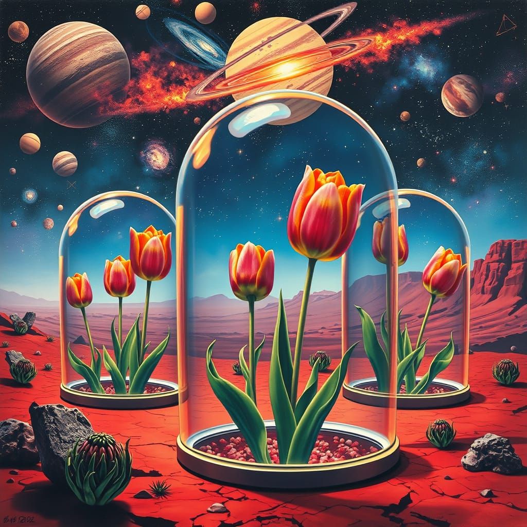 Futuristic Cosmic Tulips on Mars in Oil Painting Style