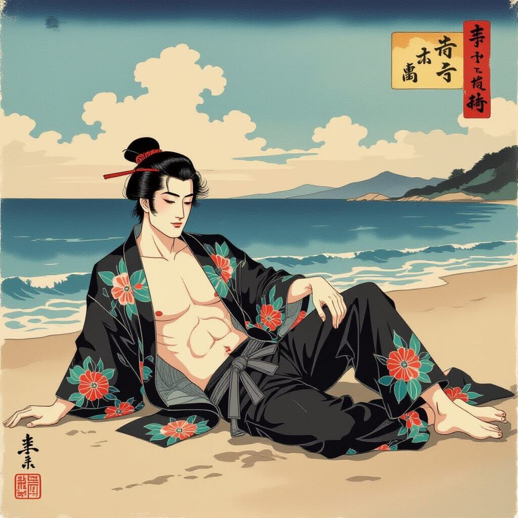 Skyclad Beach Lover in Ukiyo-e Style