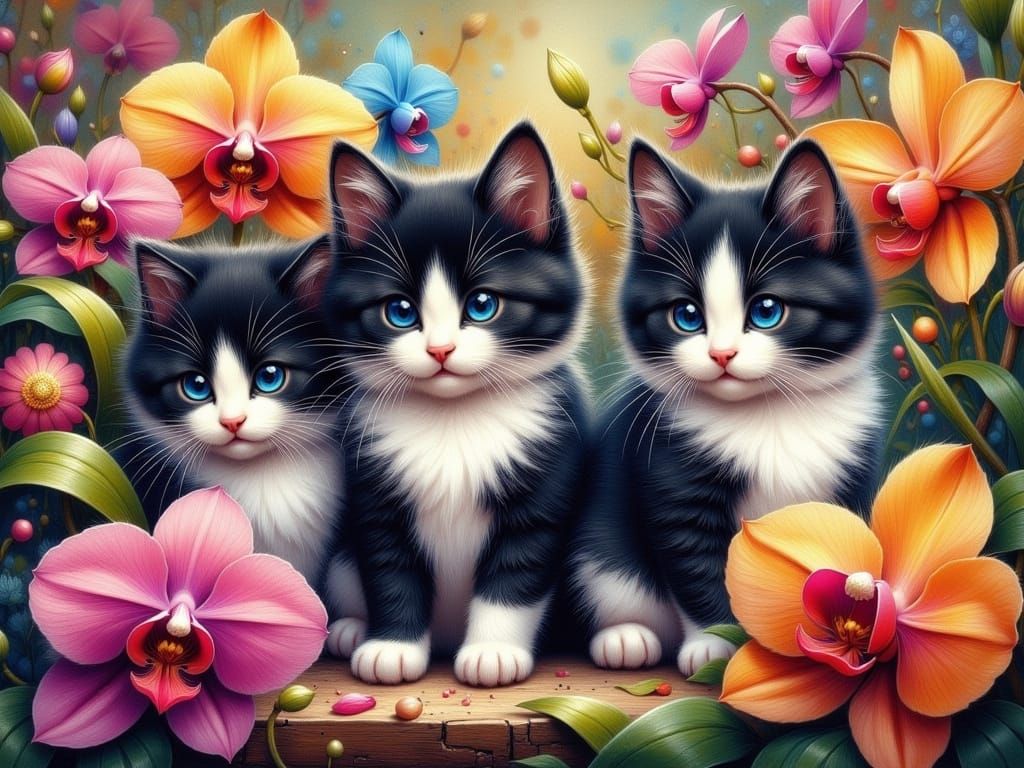 Surreal Beauty in Oil: Adorable Kittens with Vibrant Orchids