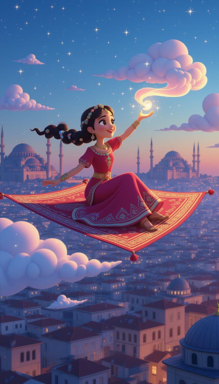 Dreamy Turkish Girl Over Istanbul in Pixar Style