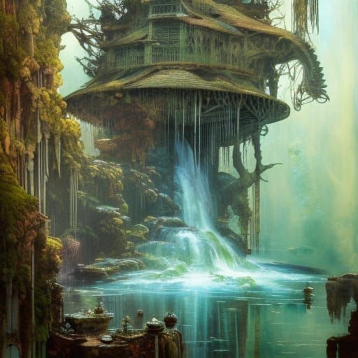 Natural water fountain with a tree house