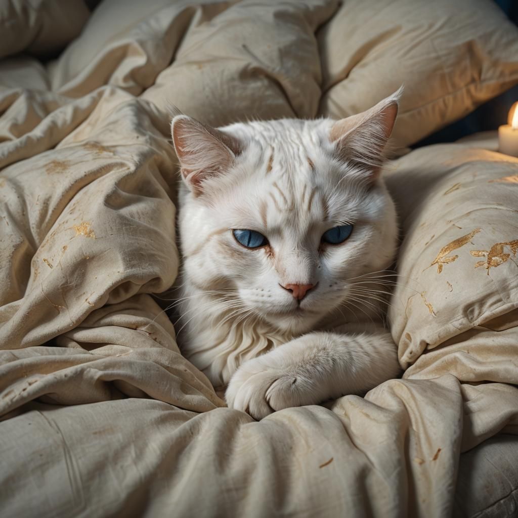 Realistic Oil Painting of a Sleeping White Cat