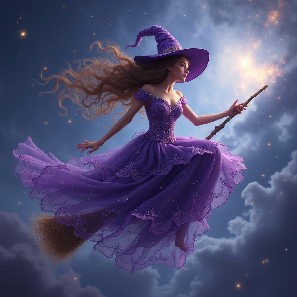 Majestic Witch Rides Broomstick with Sparkling Purple Dress