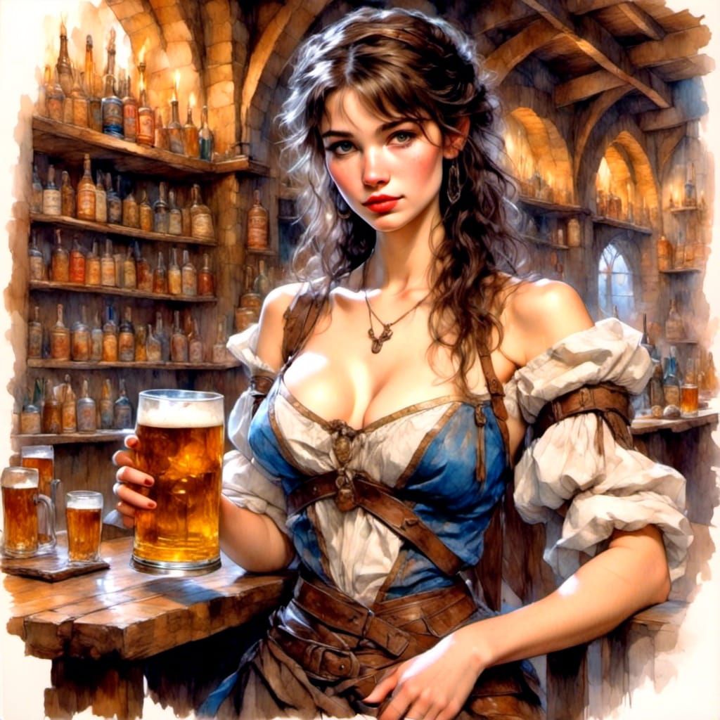 Fantasy Tavern Barmaid Pin-Up with Beer