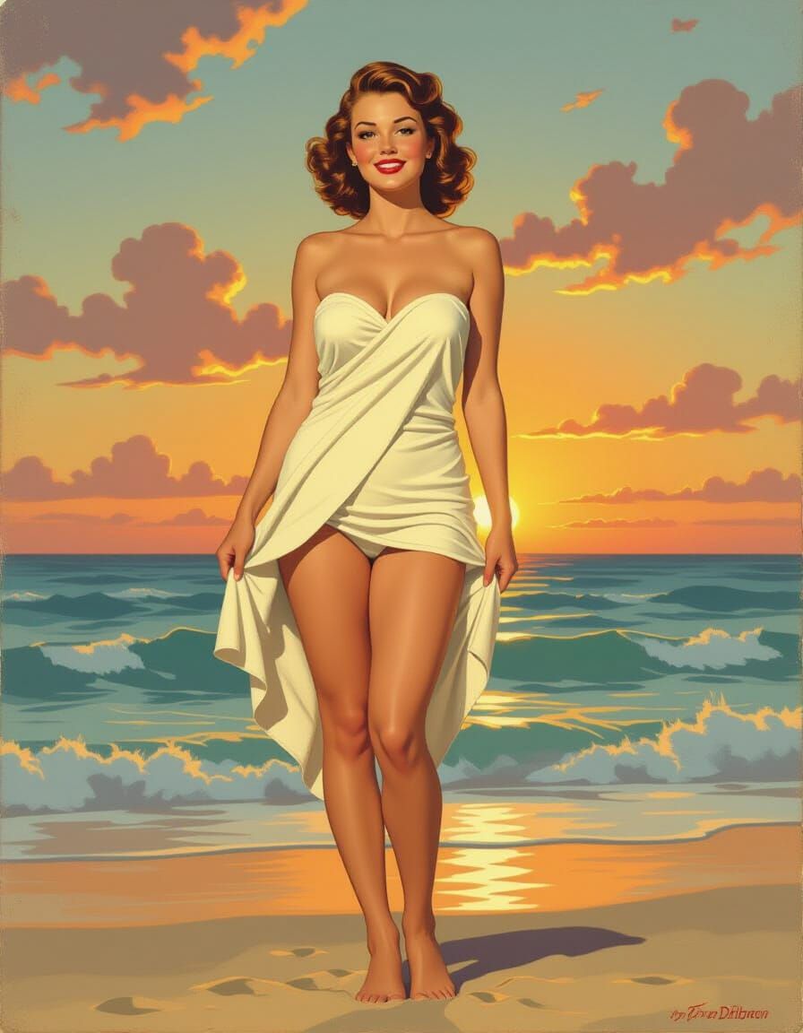 1940s Pinup Girl on Beach at Sunset