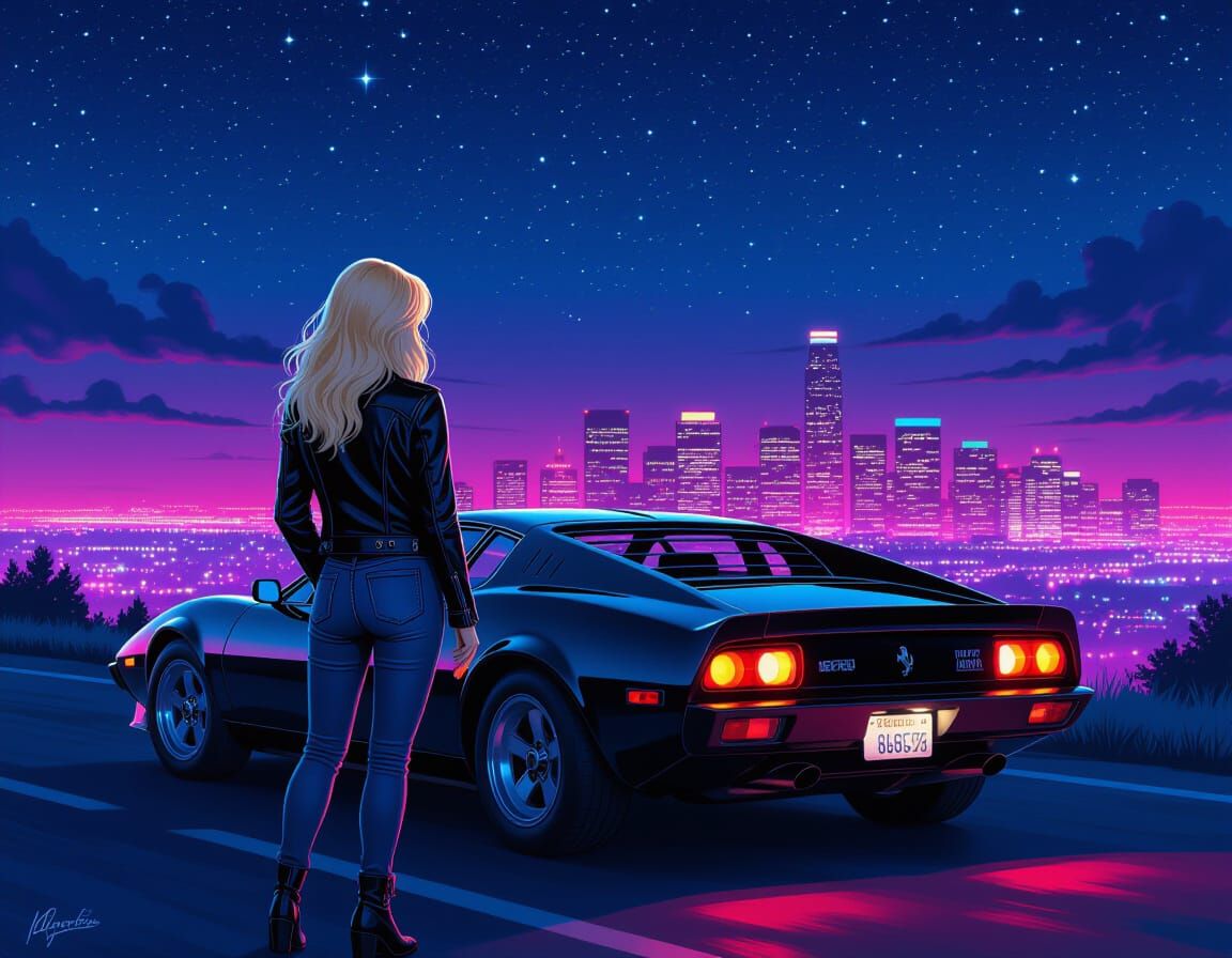 Neon Metropolis: Woman and Italian Sports Car