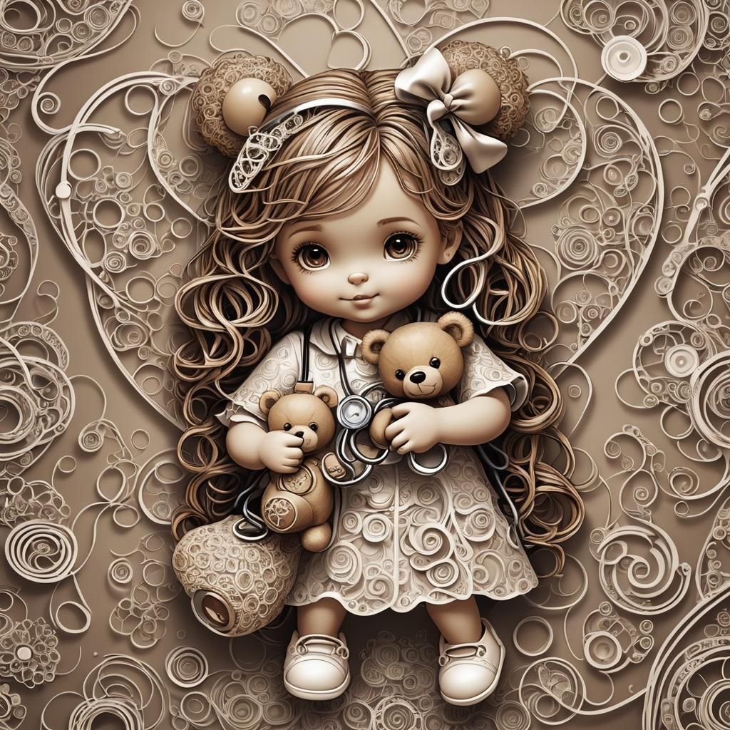 Girl Listens to Teddy Bear's Heart with Stethoscope