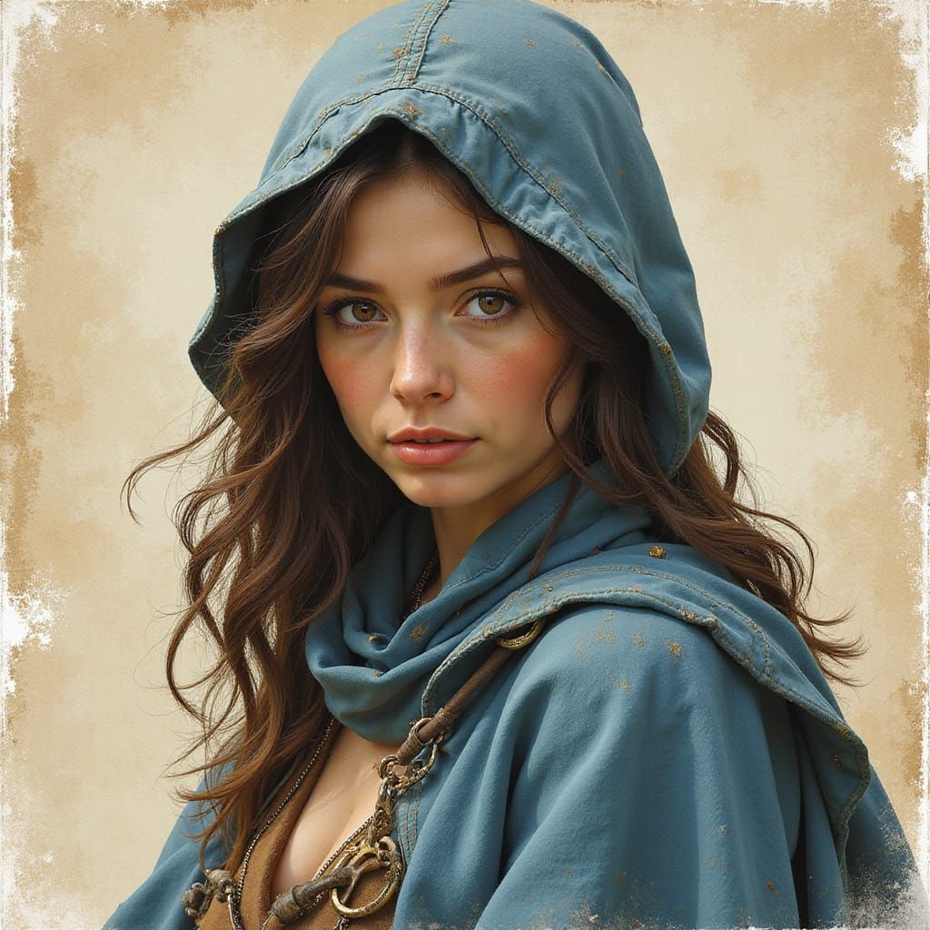 Brave Woman Portrait in Weathered Sketch Style