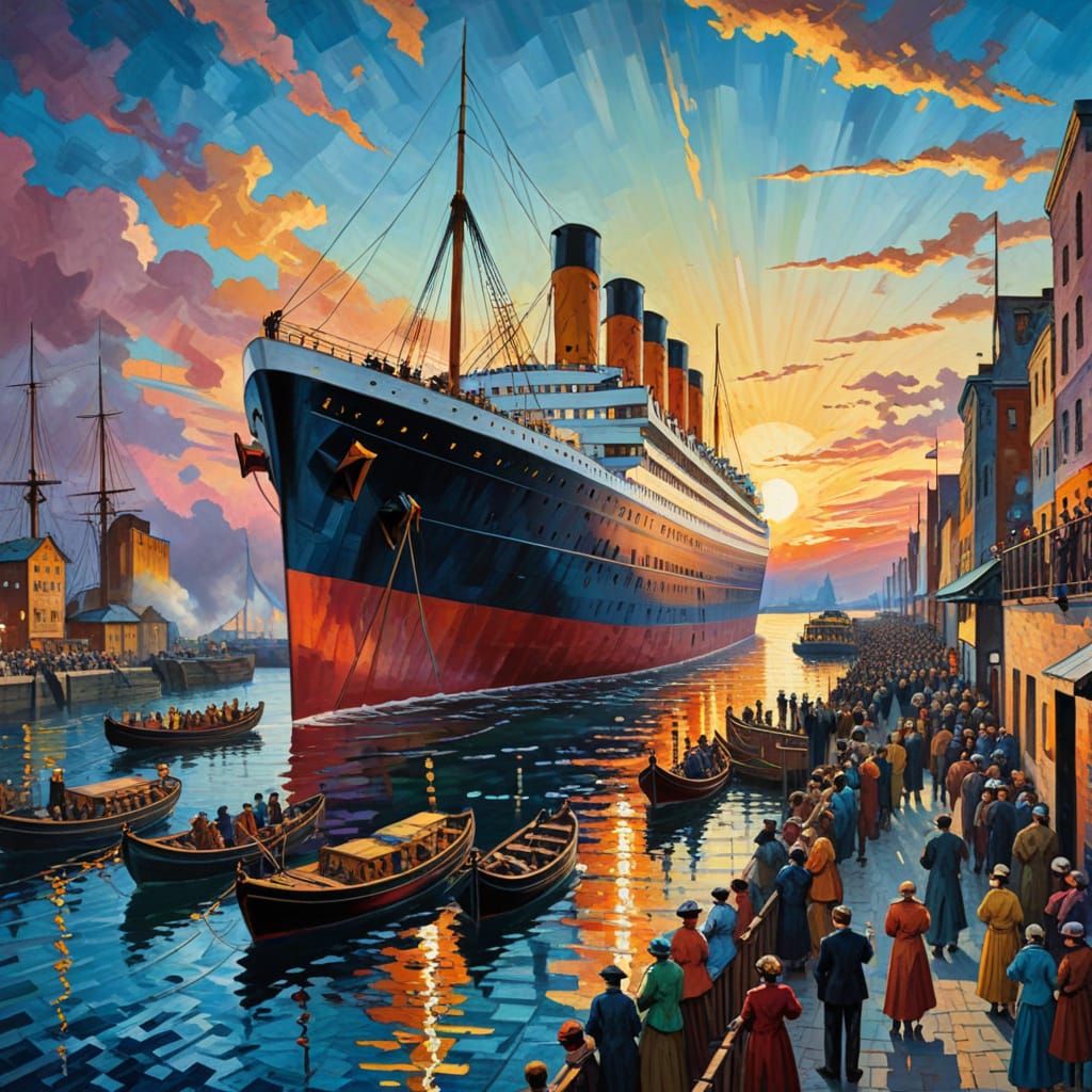 Titanic Sets Sail at Sunrise in Kandinsky Style