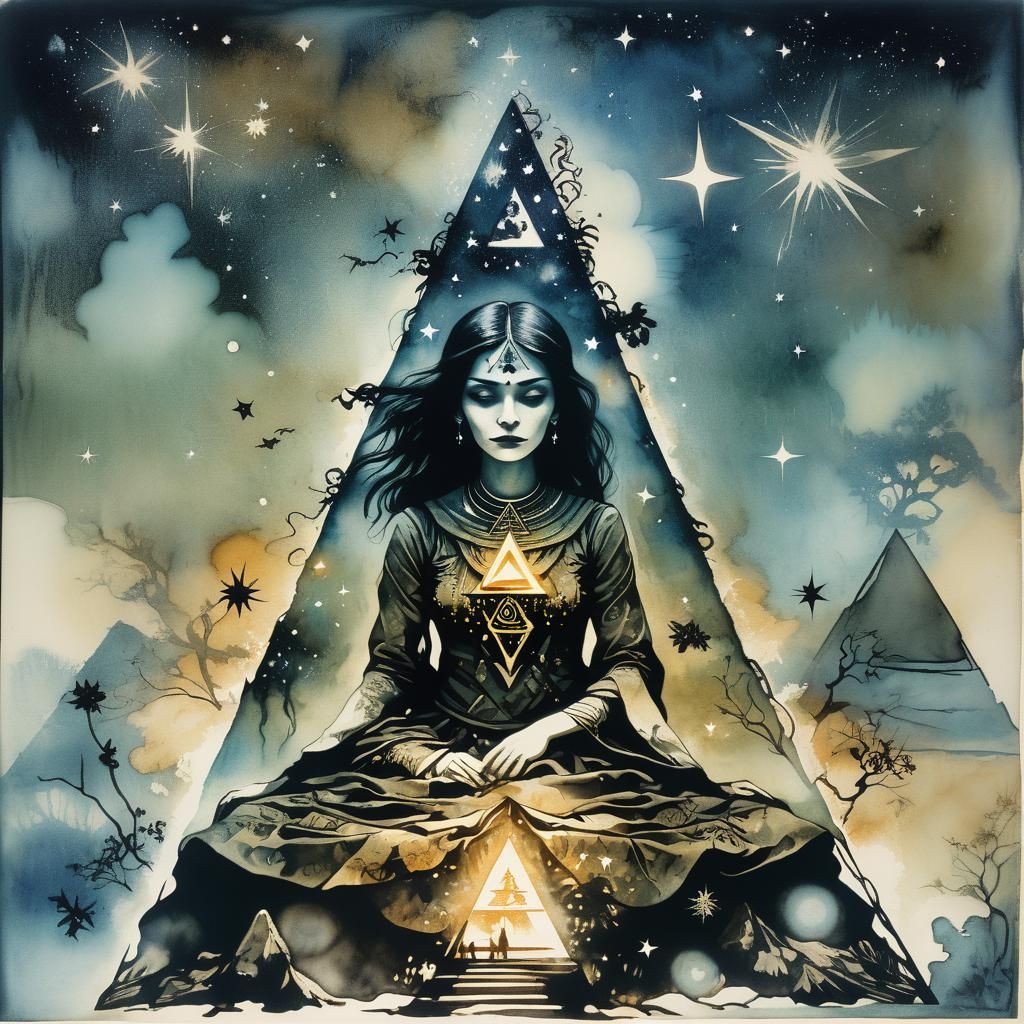 Pyramid and Witch Double Exposure in Batik Style