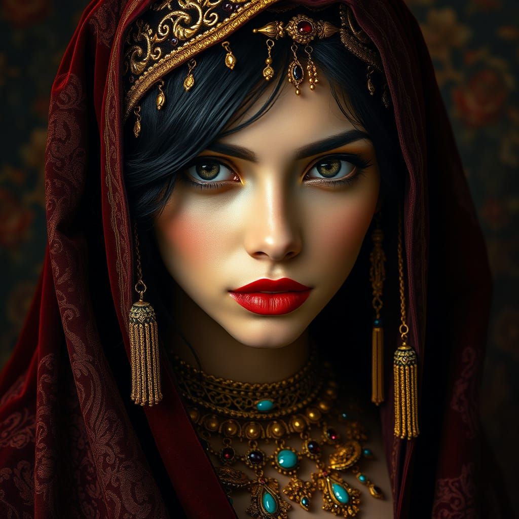 Ethereal Latina Queen in Crimson Velvet Veil