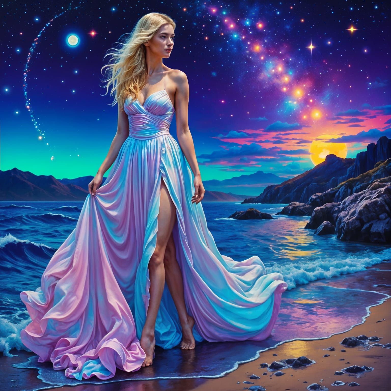 Vapor-Impressionist Portrait of a Blonde Under a Starry Nigh...