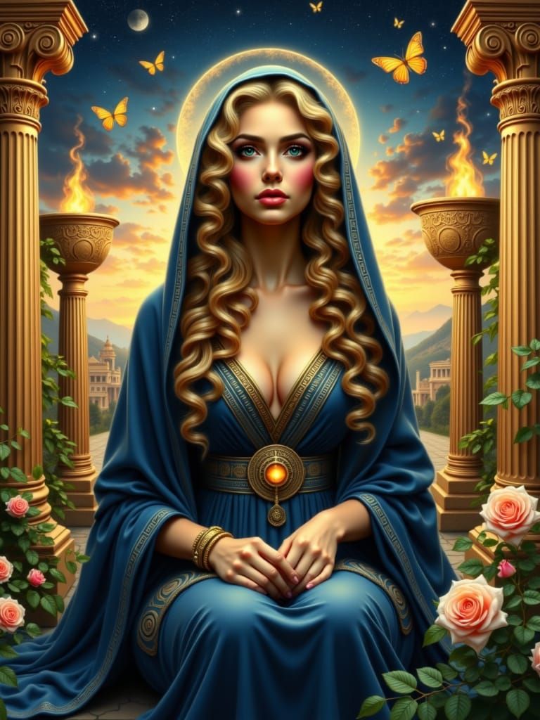 Ancient Greek Oracle Goddess in Temple Setting