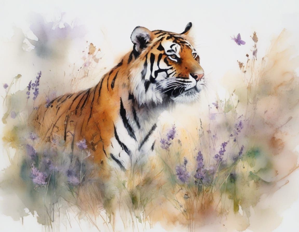 Tiger Cubs in Dewy Meadow as Watercolour Painting