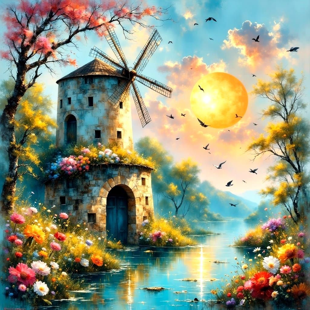 Whimsical Watermill Sunset in Pastel Hues