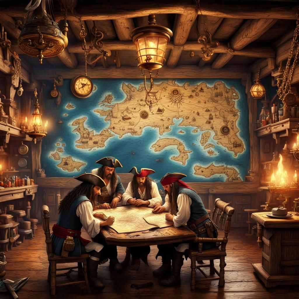Pirates Discovering Treasure Map in Caribbean Tavern