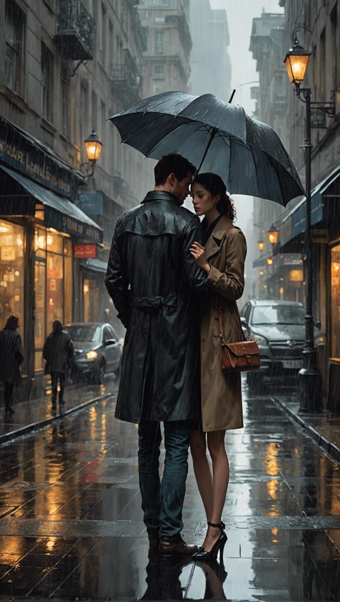 Couple Share Umbrella in Dramatic Lighting